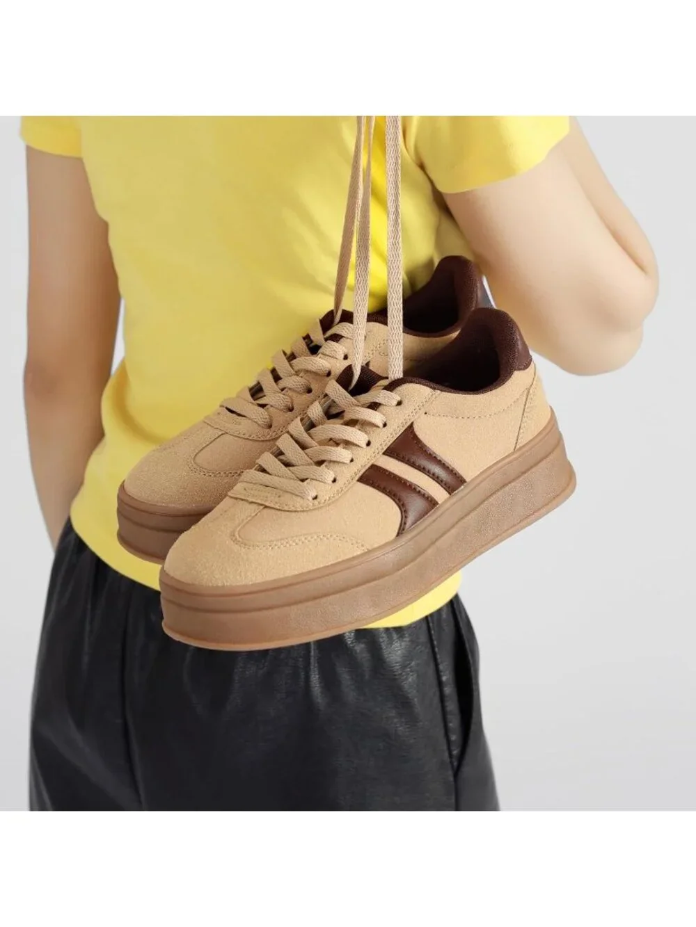🆕Women's Brown Gum Sole Fashion Sneakers Thick Platform Sole Rubber Shoes